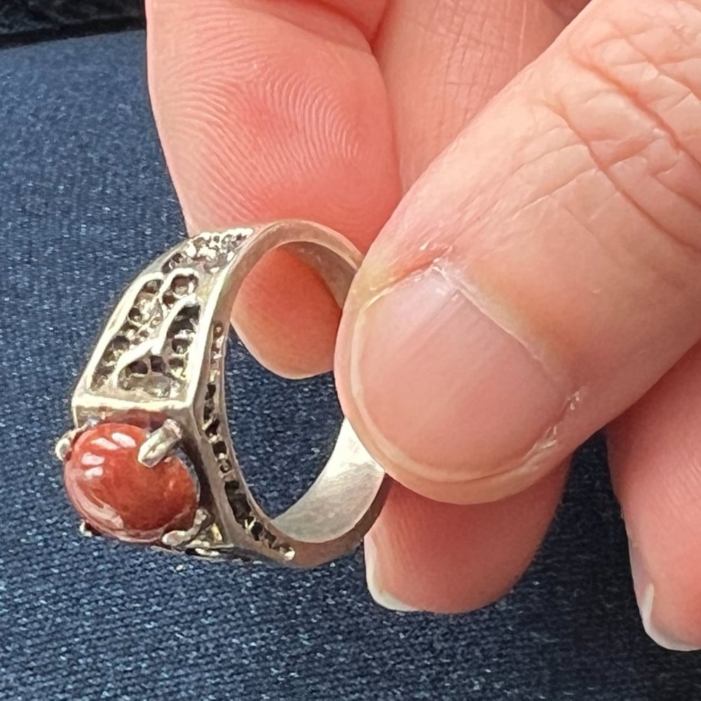 Vintage Brown Jade Antiqued Silver Ring, sz 8.25